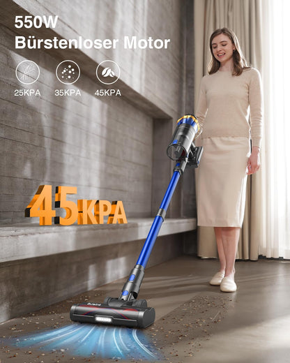 Battery Vacuum Cleaner 45000 Pa/550 W/65 Min, 1.6 L Wireless Vacuum Cleaner with Display, Anti-Tangle Brush, Self-Standing, Wall Charging Station, 8-Layer Filtration, Ultra Quiet, for Pet Hair/Carpets/Hard Floors/Car